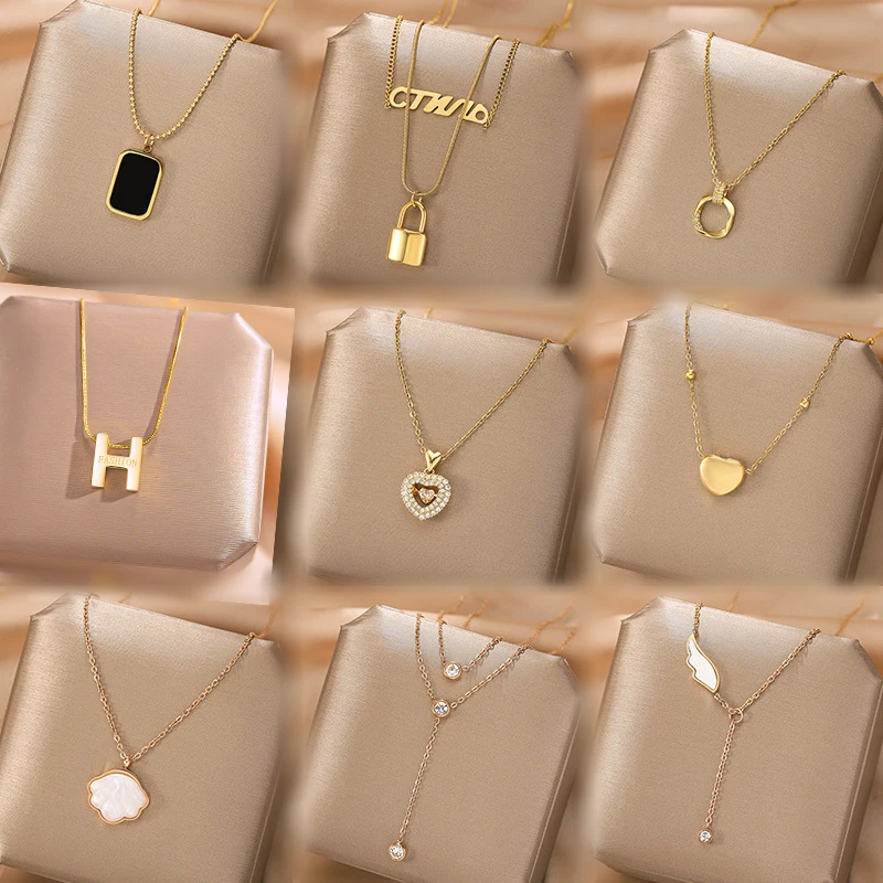 Korean Stainless Steel 18k Gold Shell Pearl Heart Butterfly Pendant Necklace Women Opal Zircon Letter Necklace For Gift