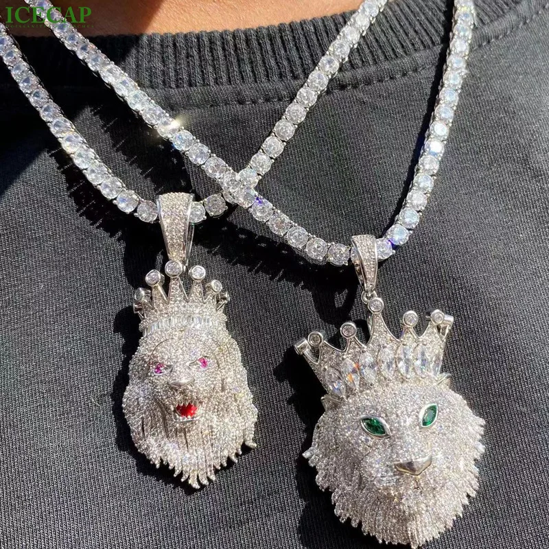 Jewelry Manufacturer Personality Creative S925 Iced Out Moissanite Crown Lions Head Animal Hiphop Couple Pendant For Necklace