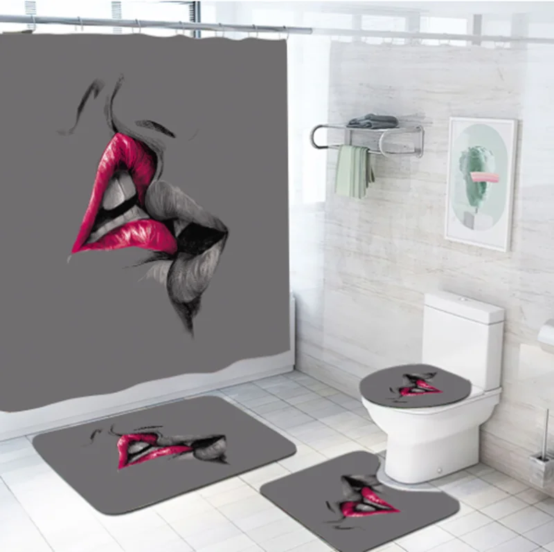 Amazon Hot Selling Four Pieces Polyester Sexy Lips Shower Curtain Set With Floor Mats For Bathroom
