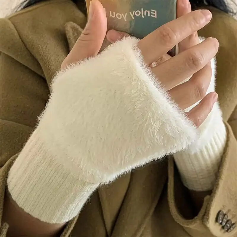 Warm Woolen Half-finger Gloves Female Winter Plush Knitted Wrist Protection Hundred Touch Screen Office Students Writing Gloves