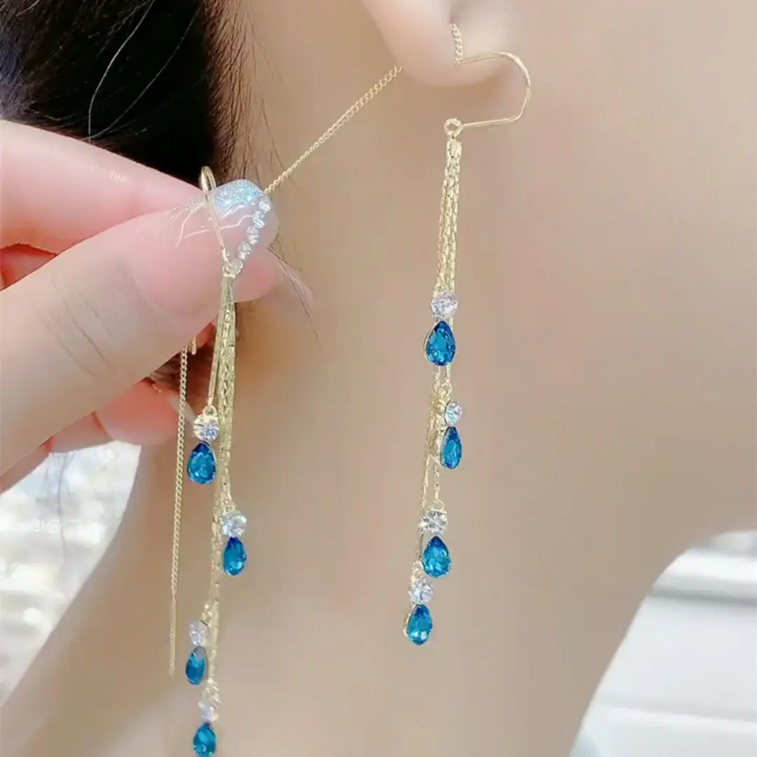 925 Sterling Silver New Artificial Blue Crystal Water Drop Earrings For Women Long Tassel Earrings Chain