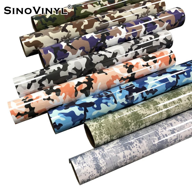 SINOVINYL 0.5x25M Free Sample PU Heat Transfer Camouflage HTV Press Pattern Vinyl Self Cutting Transfer Film For Hats