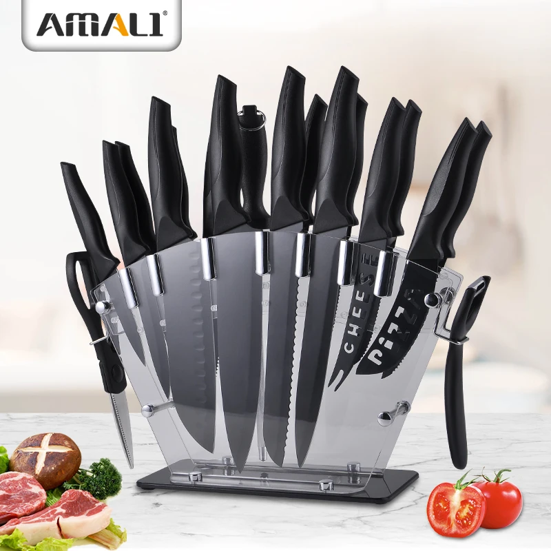 New 19pcs kitchen knife set PP handle non-stick coating chef knife acrylic block