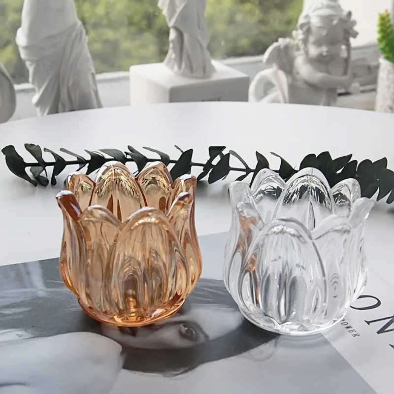 Customized tulip shaped transparent amber vintage glass scented candle holder INS style for wholesale candle vessels