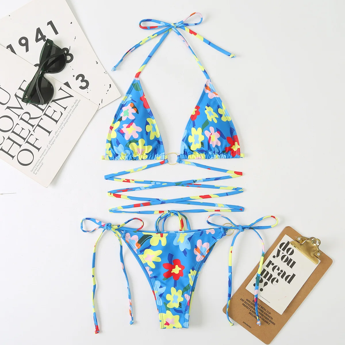 JSN9202612 2022 factory two pieces full floral print bandage sexy top sexy bikini for women