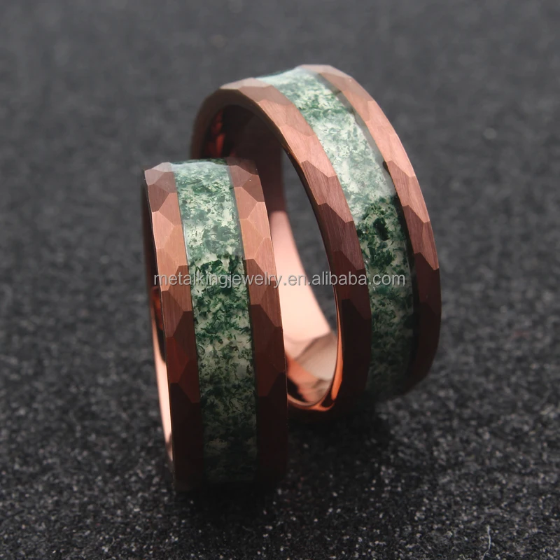 Nature Green Moss Agate Ring, Brown Hammer Tungsten Ring Inlay Moss Agate, Men Wedding Band Trendy Engagement Rings Unisex Rings