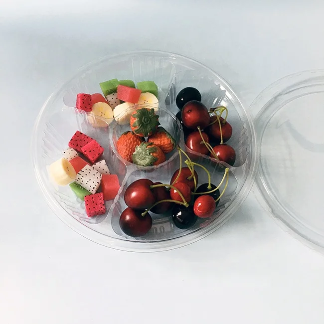 Container Box for PET Vegetables Tray with Lid Transparent Food Plastic Wholesale Disposable Round 5 Compartments OEM Blister