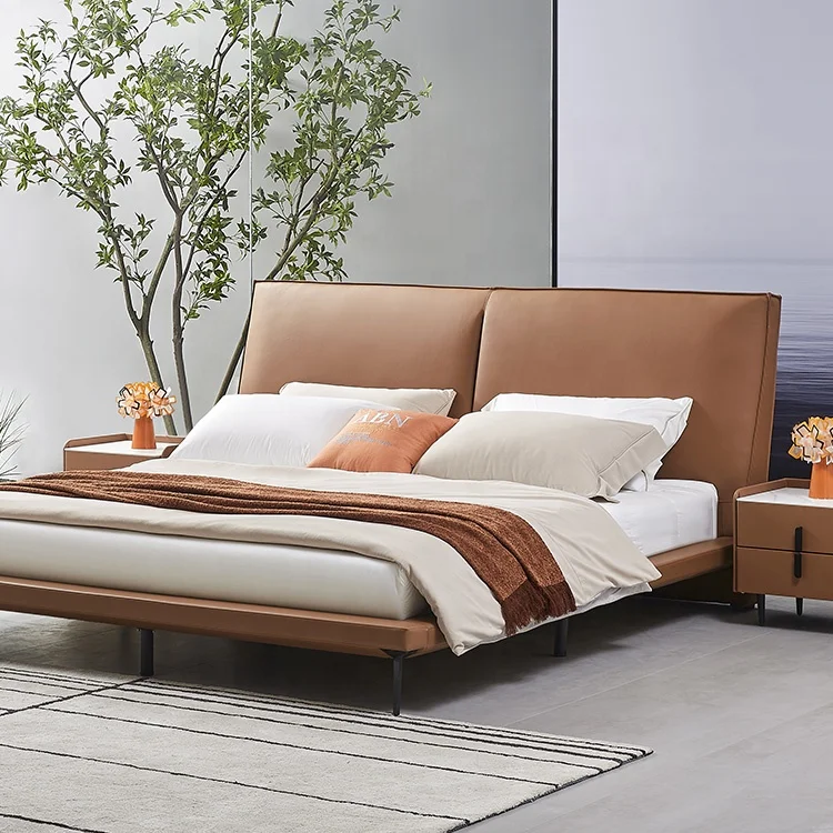 Imported Nappa Lychee Pattern Cow Skin Leather King Size Bed Frame Upholstered Bed With Bedside Table