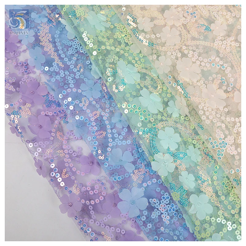 TDS008 Custom Multicolor 3D Floral Embroidered Tulle Lace Fabric for Dress Sequin Embroidered Tulle Mesh Fabric