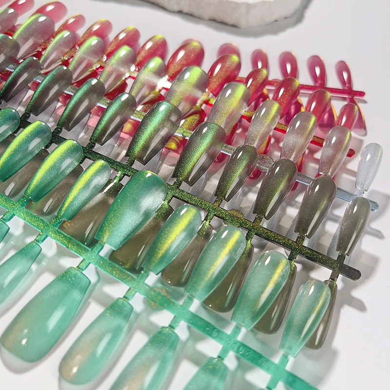 30 PCS Multi Colors Glossy Fashion Coffin Nail Tips Full Cover Cat Eye Press on Nails