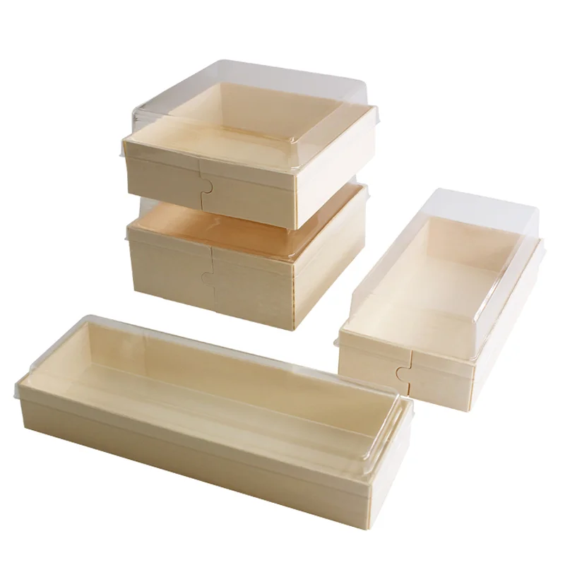 ESTICK Poplar Disposable Wood Sushi Box Container Salad Food Trays with PET Clear Lid Sandwich Dessert Cake Craft Wood Box