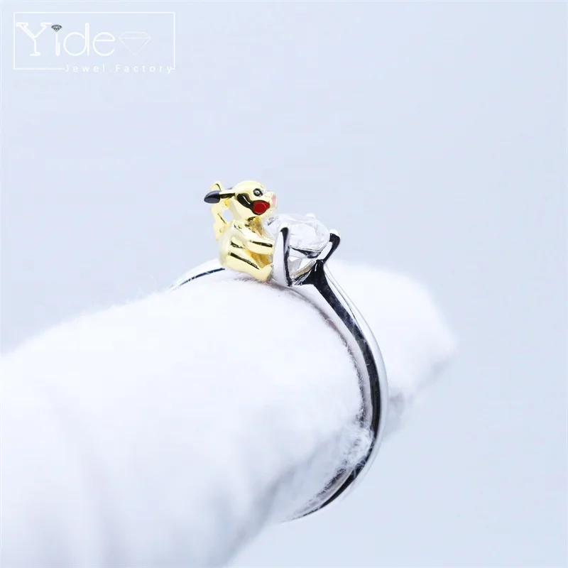 High quality large stone silver ring custom made logo design enamel pikachu wedding ring wholesale