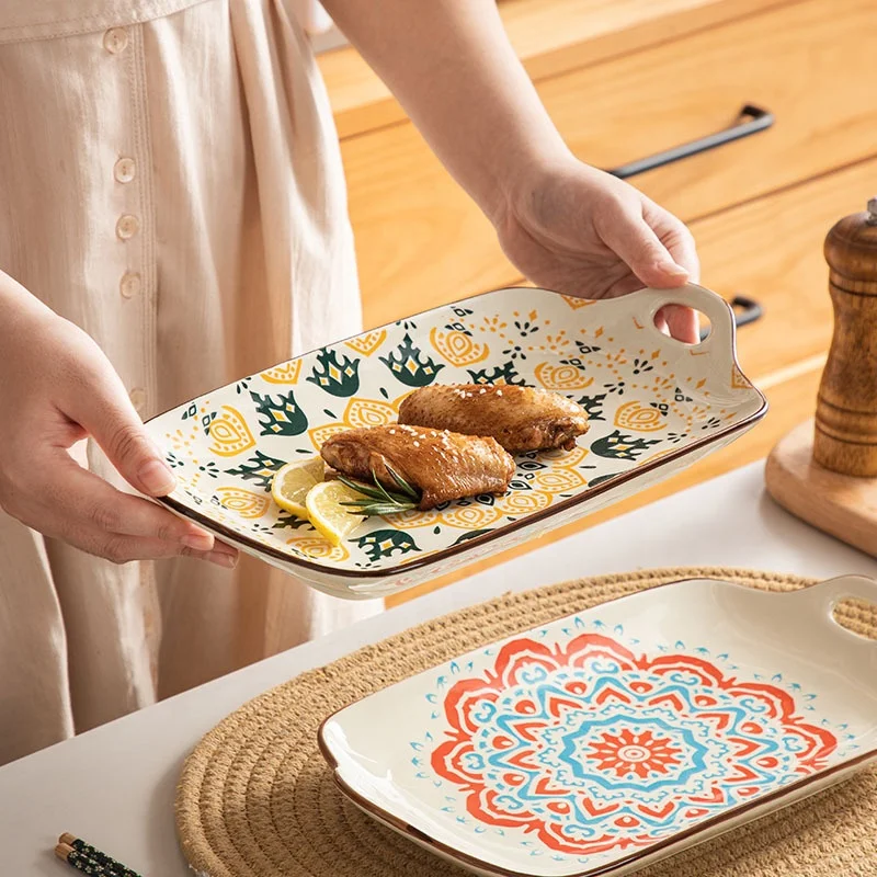 Bohemian Luxury Plate Good Quality Ceramic Plate Dinnerware Rectangle Ceramic Plate With 2 Handles