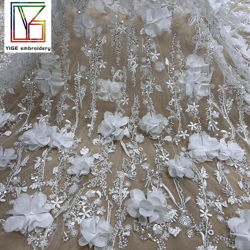 luxury french lace fabric with embroidery and sequin white mesh tulle beaded 3d floral lace fabric embroidery for dresses