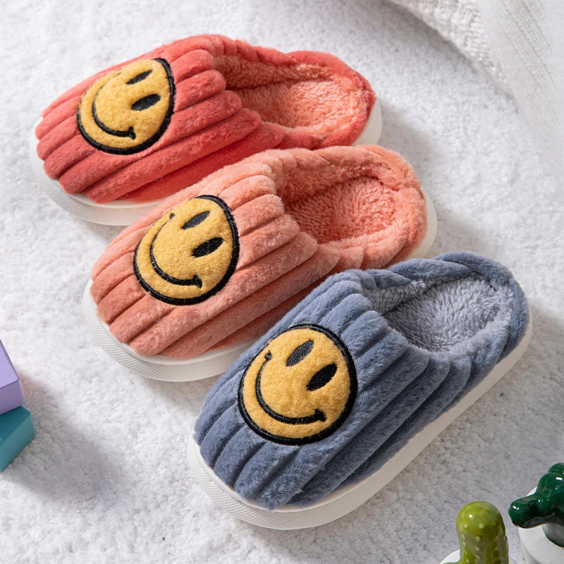 Плоские Нескользящие зимние пушистые домашние тапочки TX85 с улыбающимся лицом, 11c-2.5Y для детей и малышей
