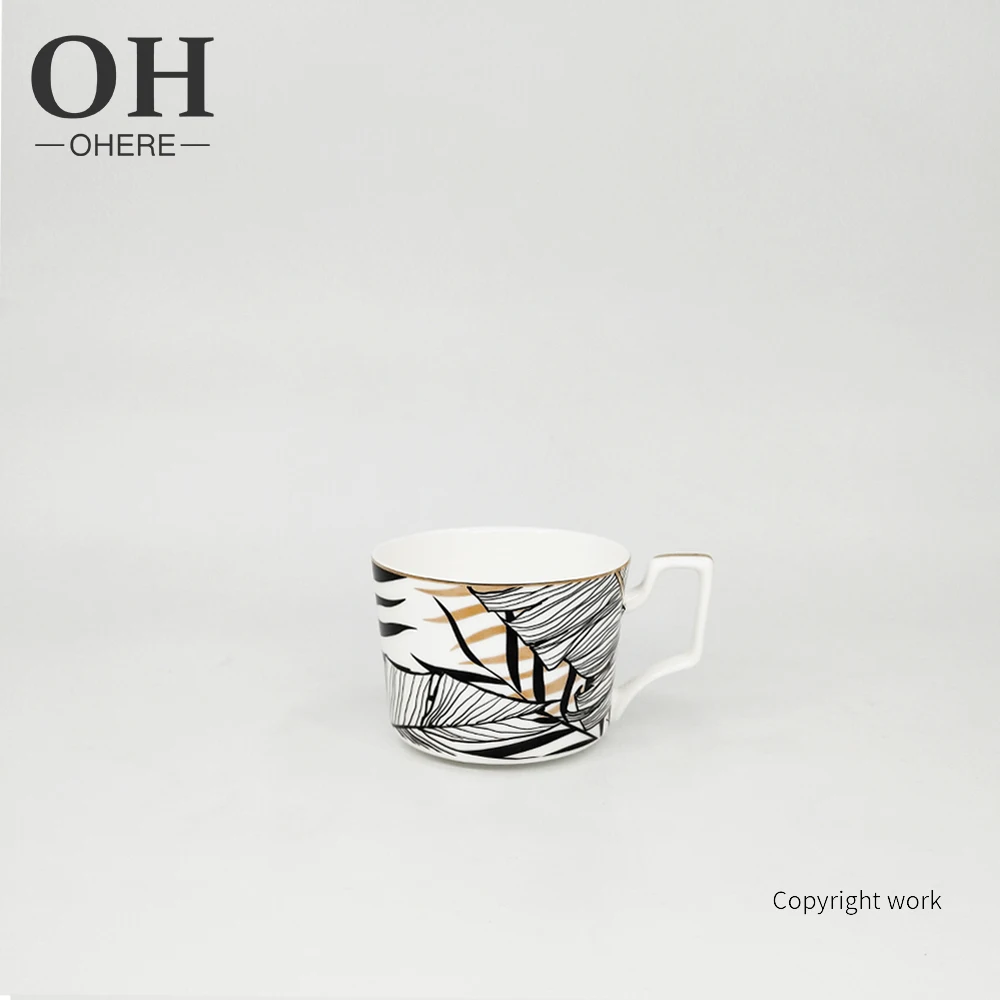 2022 New high-end luxury  charger plate coffee cup and saucer sets black and gold leaves for wedding dinnerware sets