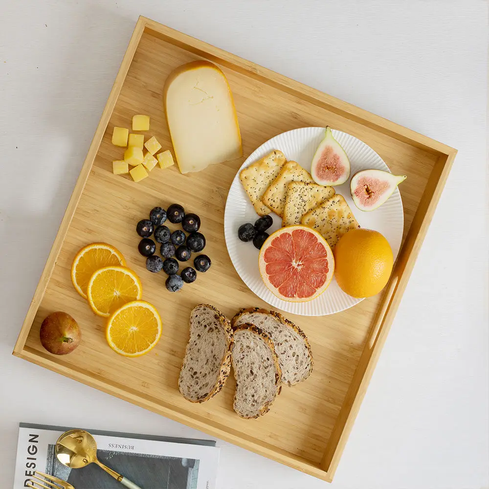 Natural Large Square Wood Serving Tray For Coffee Tea Dinner Breakfast Bamboo Serving Tray With Handle