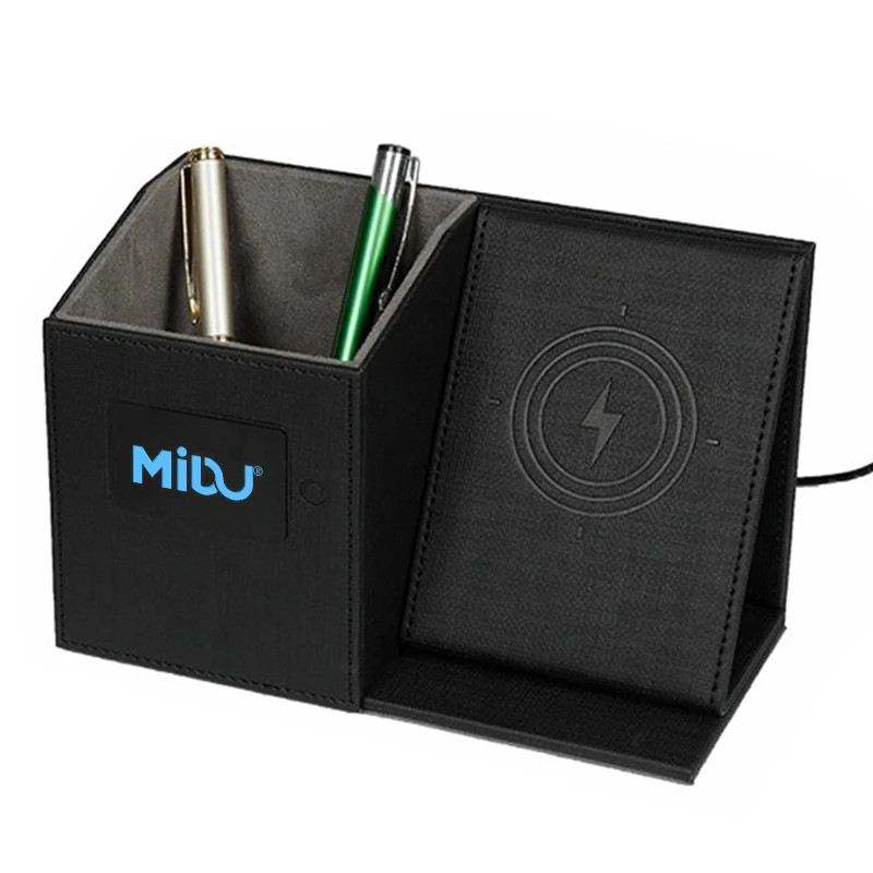 10 W  PU Leather Desk Organizer with charger  Wireless Chargeing station  Pen Holder with  customized LED color   logo
