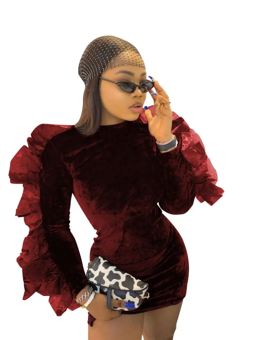 RX  2021 fall o-neck lace mini dress long sleeve black dress velvet women bodycon dresses