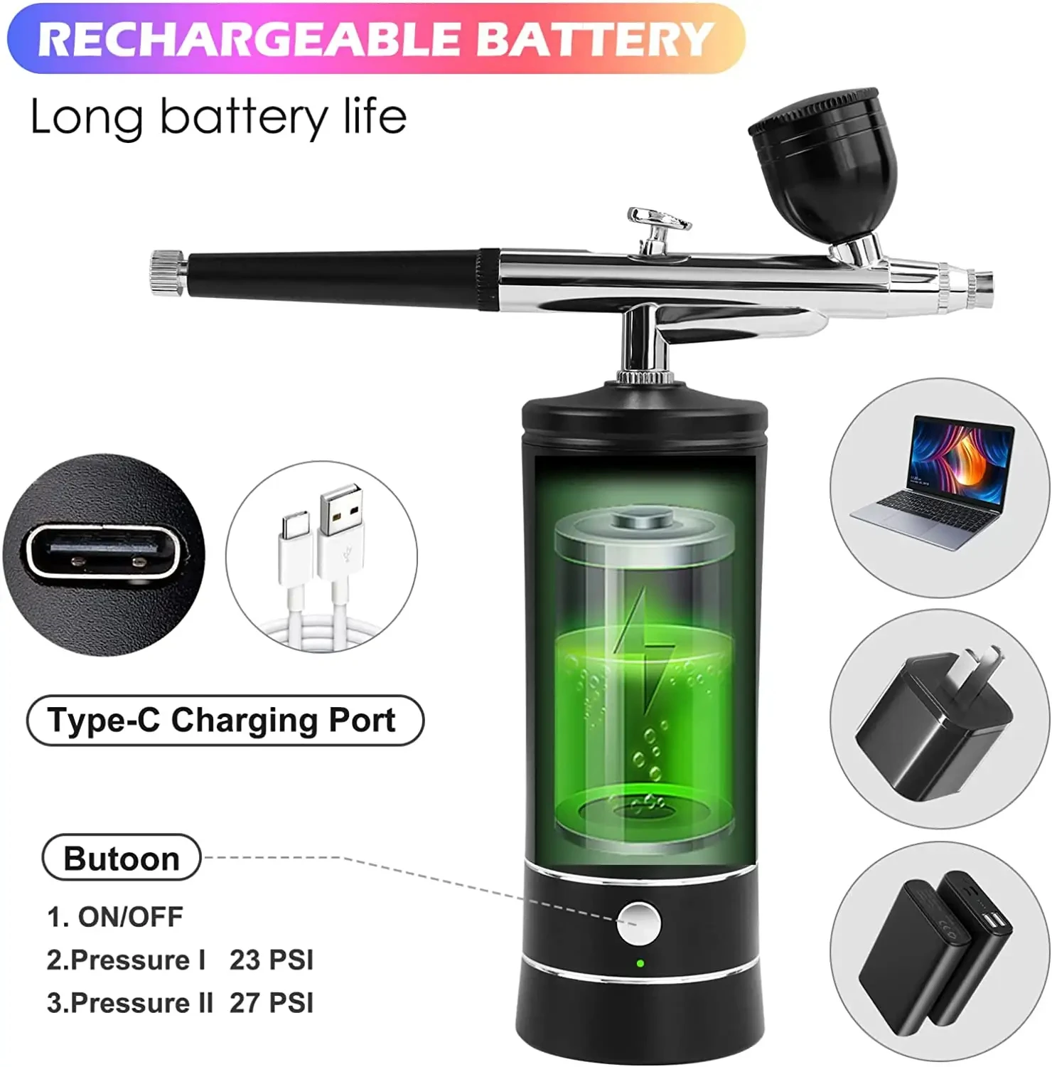 2024  Nail Art Tattoo Cake Makeup Rechargeable Airbrush Compressor Kit Air Brush Sprayer Gun Water Oxygen Deep Hydrating Machine