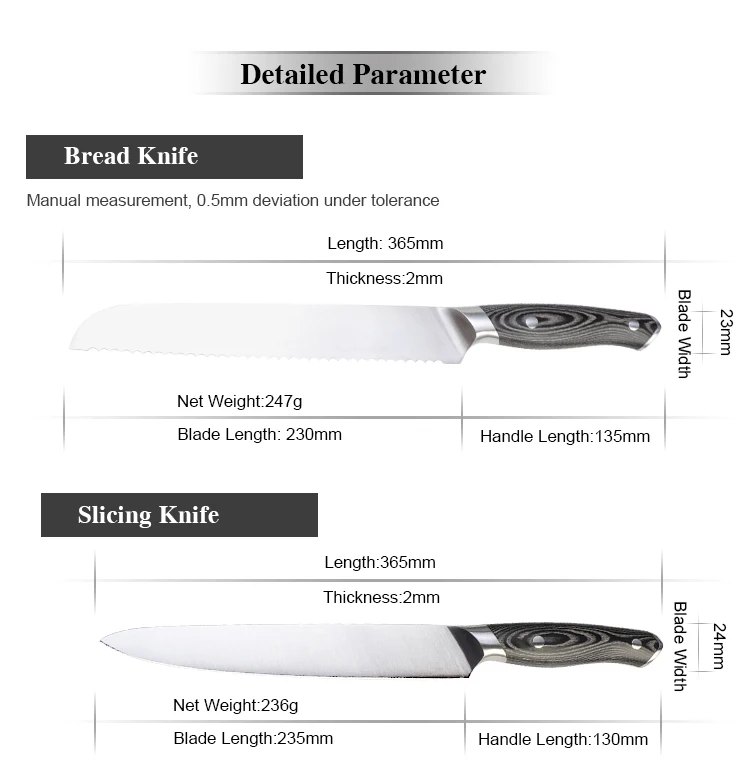 Tuobituo Factory Premium Quality Knives Cuchillo De Chef 8 PCS Chef Bread German Steel kitchen Knife Block Set