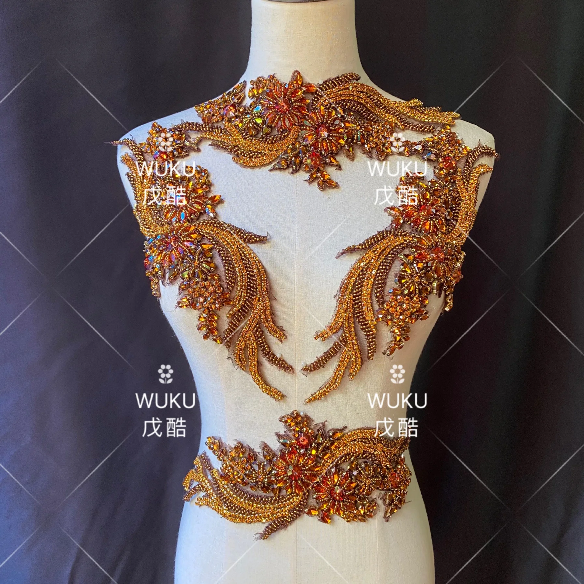 in pair wuku wedding dress crystal lace applique patch  in brown coffee color
