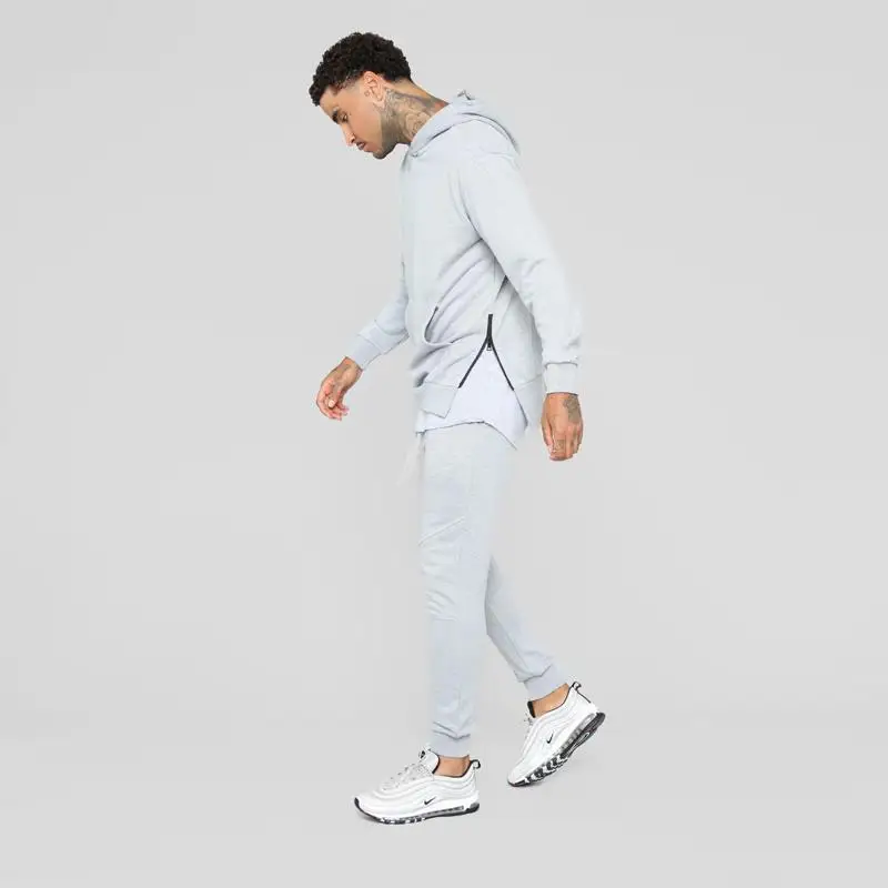 Hi-lo fit mens slim fit tracksuit hood with kangaroo pockets