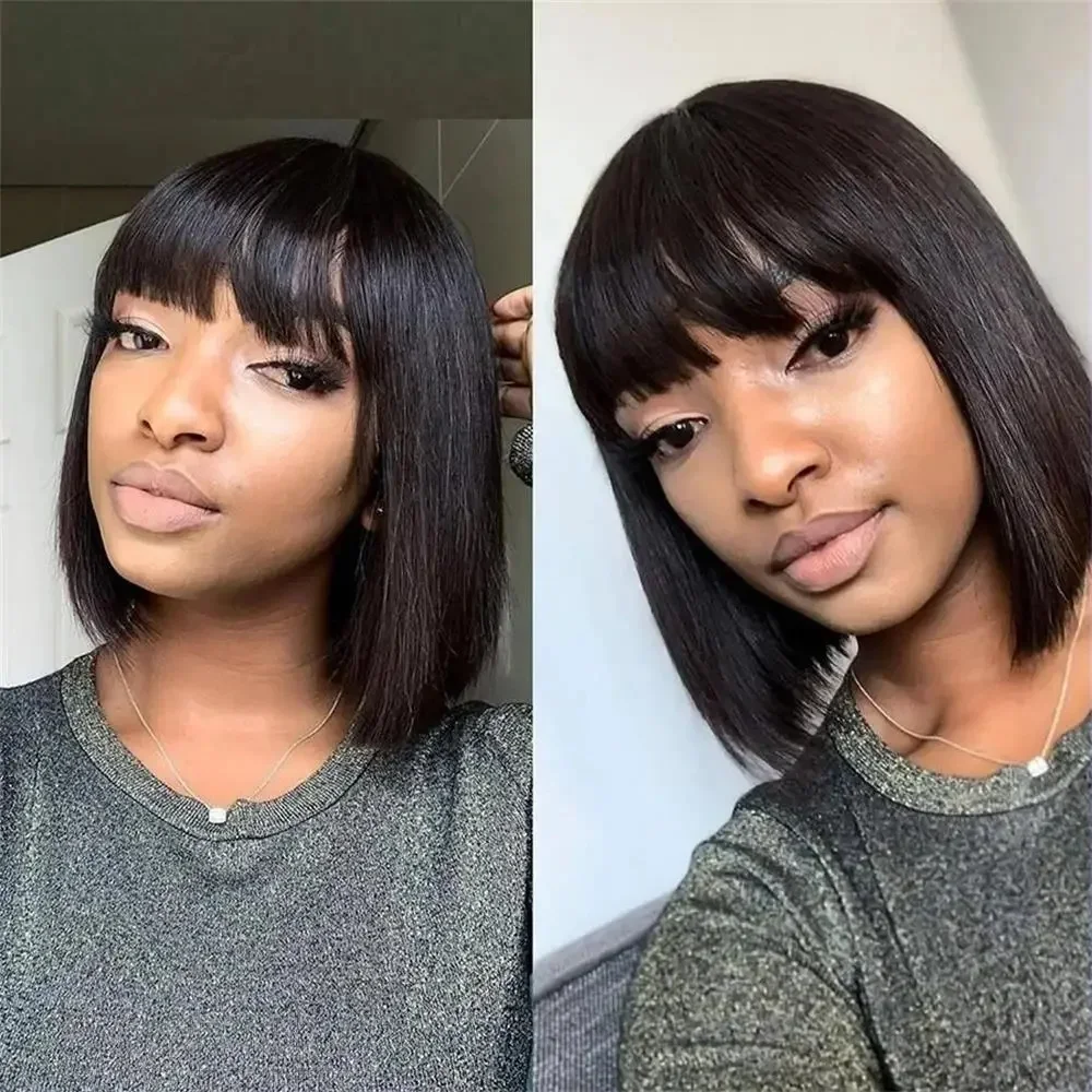 Brazilian Remy Human Hair Bob Wigs for Women Short Straight Full Machine Made Wig with Bangs Non-Lace Glueless Design