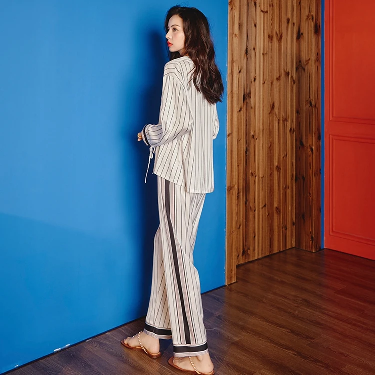 Ladies Silk Vertical Stripe Spring Summer Pajama Set Pyjama De Luxe Women Sleepwear Loungewear Set