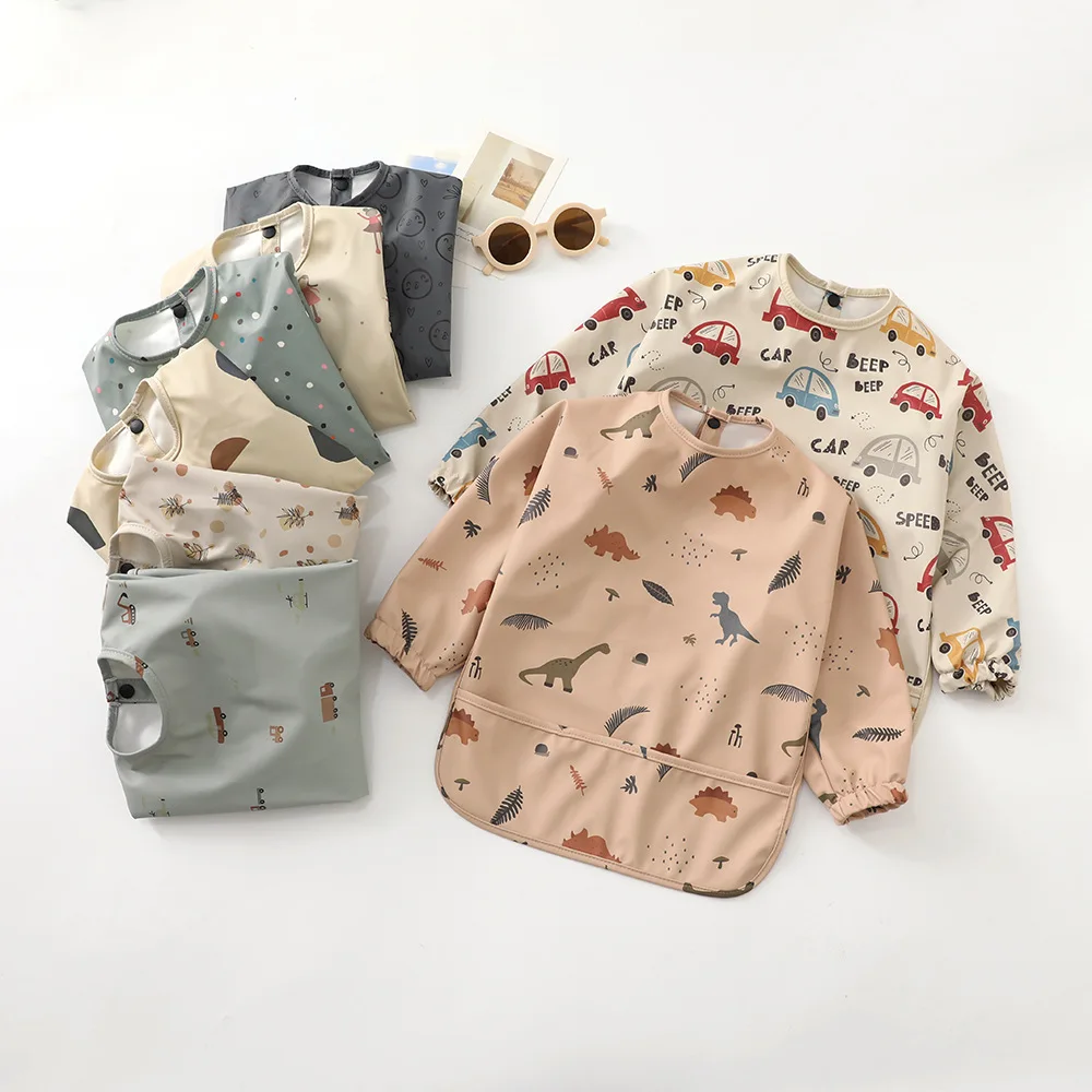 Soft PU bibs Long Sleeve New born Baby Bib Plastic Waterproof Baby Coverall Easy Clean and Comfortable Cute PU Baby Bibs