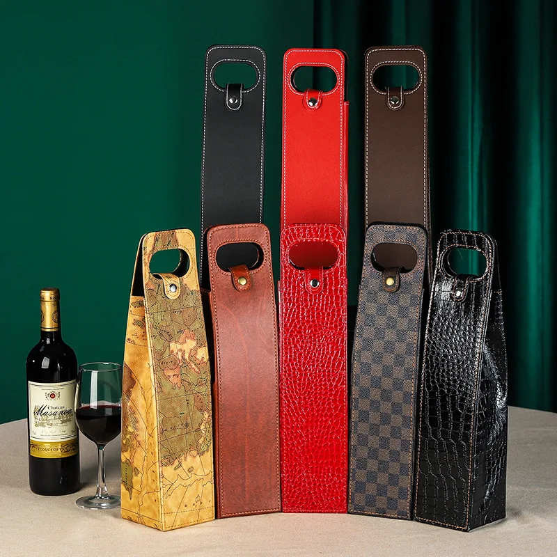 Wholesale Custom PU Leather Foldable Reusable Single or Double Red Wine Leather Bags Wine Gift Bags for Packaging Wine Bottles