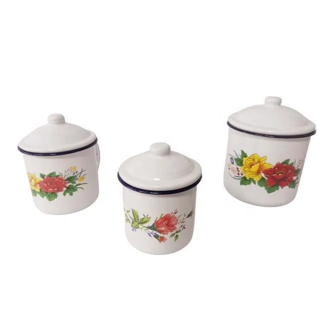 12CM 1200ML Hot Sale Have Flower Enamel Camping Tea Coffee  Cup With Handle Enamel Mug Deco With Lid