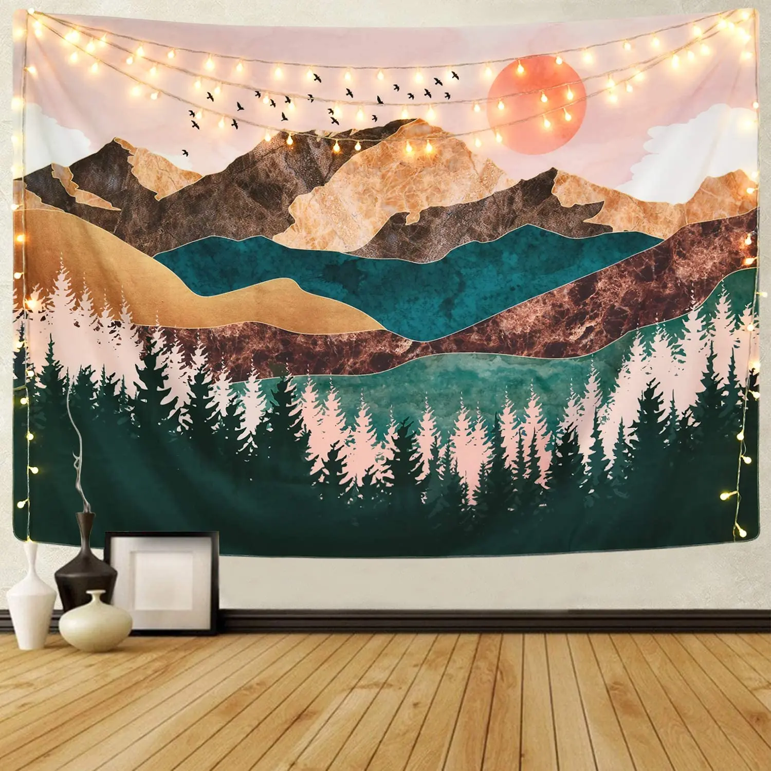 Tapestry cloth home decoration custom logo printed cotton polyester fabric sunset natural landscape  Wall Hanging for Room