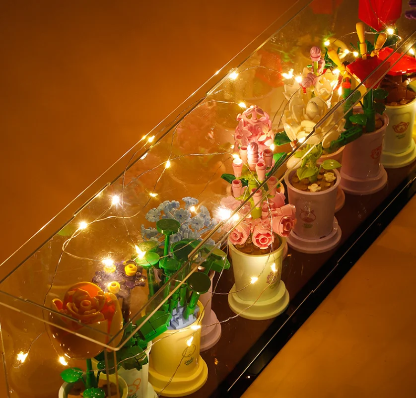 Diy Garden Bouquet Pink Rose Toy Set Box Building Blocks Flowers Acrylic Flower Box