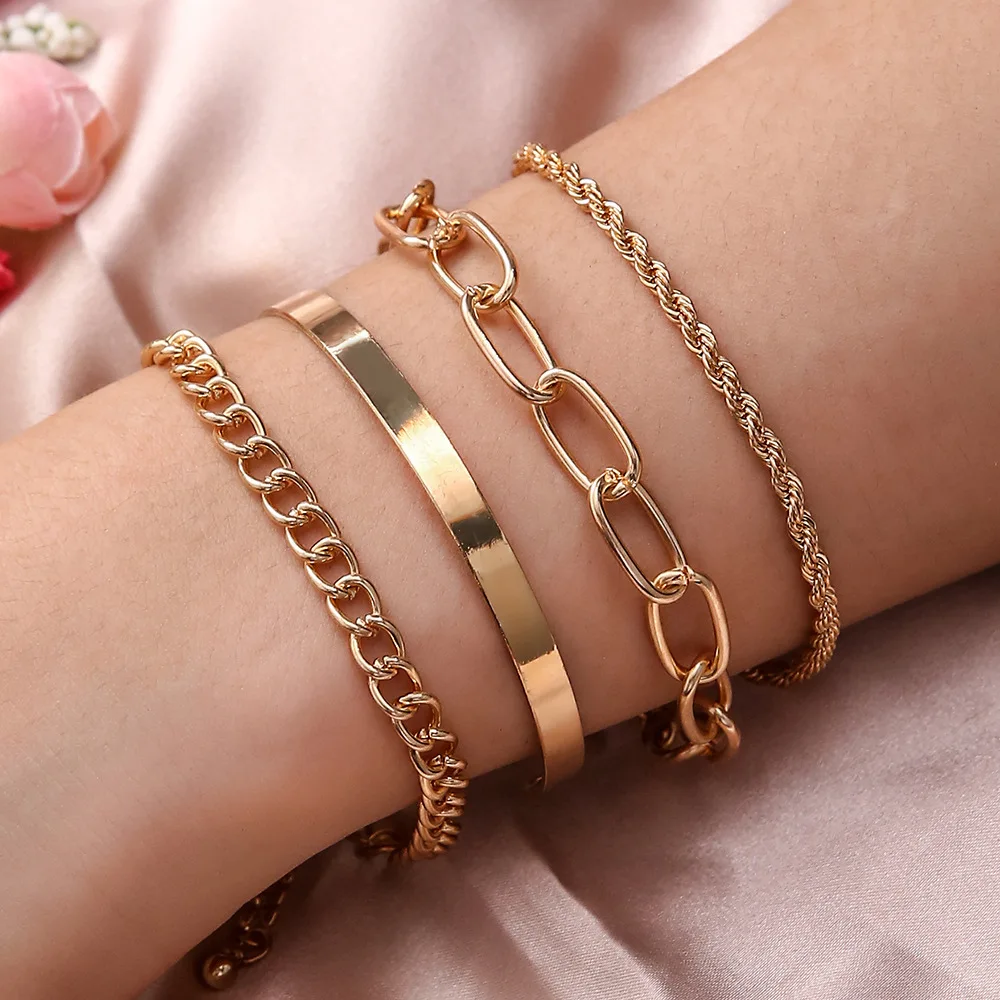 Gattara 4 pcs/Set New Style Exaggerated Simple Golden Thick Chain Bracelet Fashion Bracelet Women Accessories