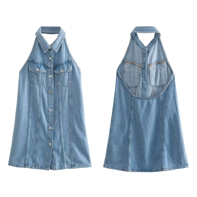 High quality women casual fashion design blue summer halter neck denim dress
