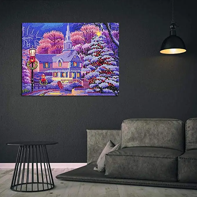 Round beads Drill 40x50cm Glow in Dark Church in Snow  Landscape LED Light Diamond Painting  with frame