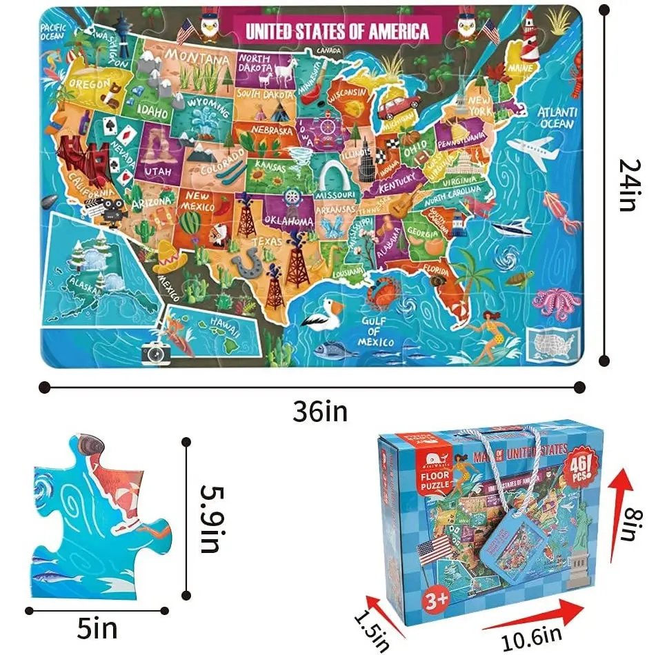 Factory Price 46 Pieces Kids USA Map Puzzle Toy US Puzzle Maps for Kids Learning