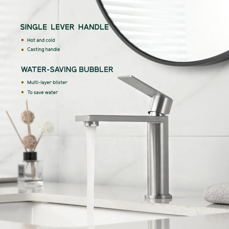 Chinese Latest Style CUPC 304 Stainless Steel Single Handle Brushed Chrome Countertop Washing Mixer Basin Faucet Bathroom Taps