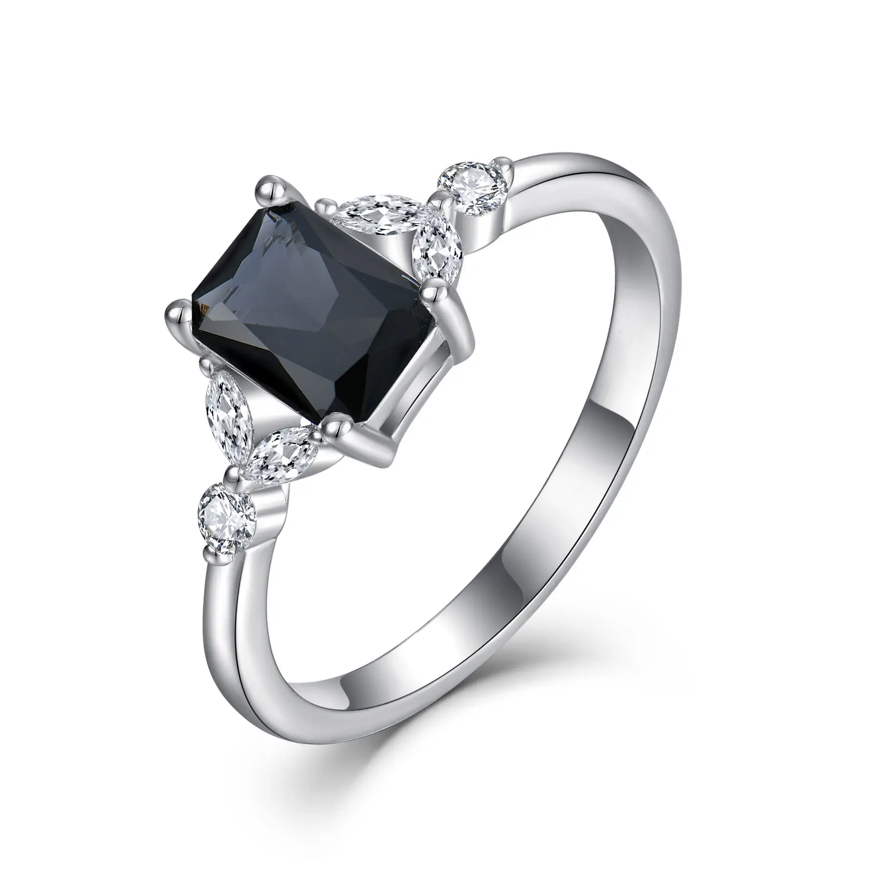 Over 925 Sterling Silver Emerald Cut Blue black casual rings ladies Sapphire With Diamond Baguette For Women