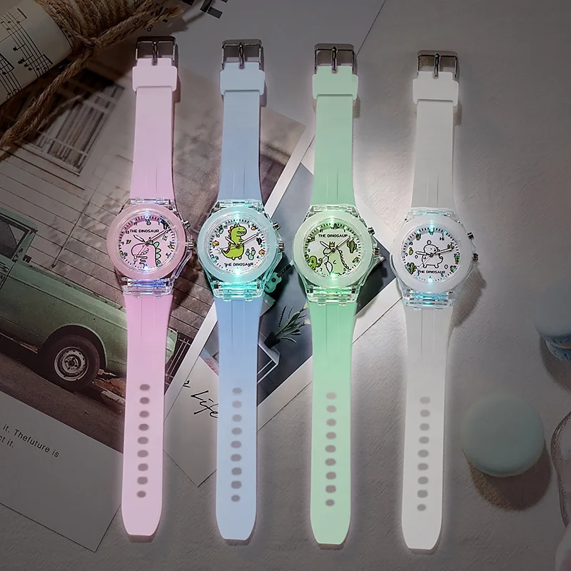 Fancy boys girls teenagers children kids cartoon dinosaur luminous watch cute pink blue silicone student wrist