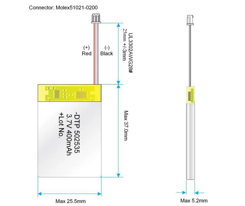 3.7v 502535 052535 400mah lithium li polymer battery for Speaker