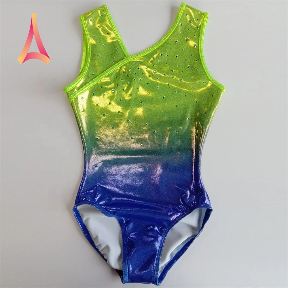 Блестящий гимнастический трико для девочек с изображением голубого Лайма Омбре