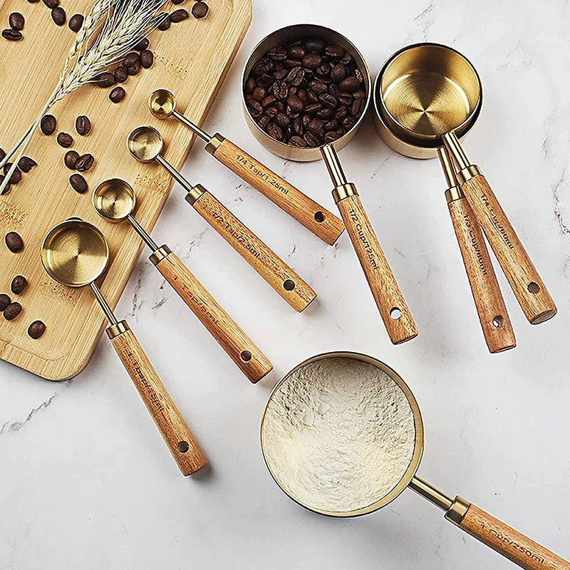 Kitchen Accessories 8 Pcs Stainless Steel Gold Copper Measuring Cups And Spoons Set With Acacia Wooden Handle
