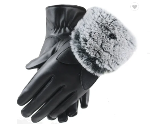Ladies leather gloves with rex rabbit fur cuff