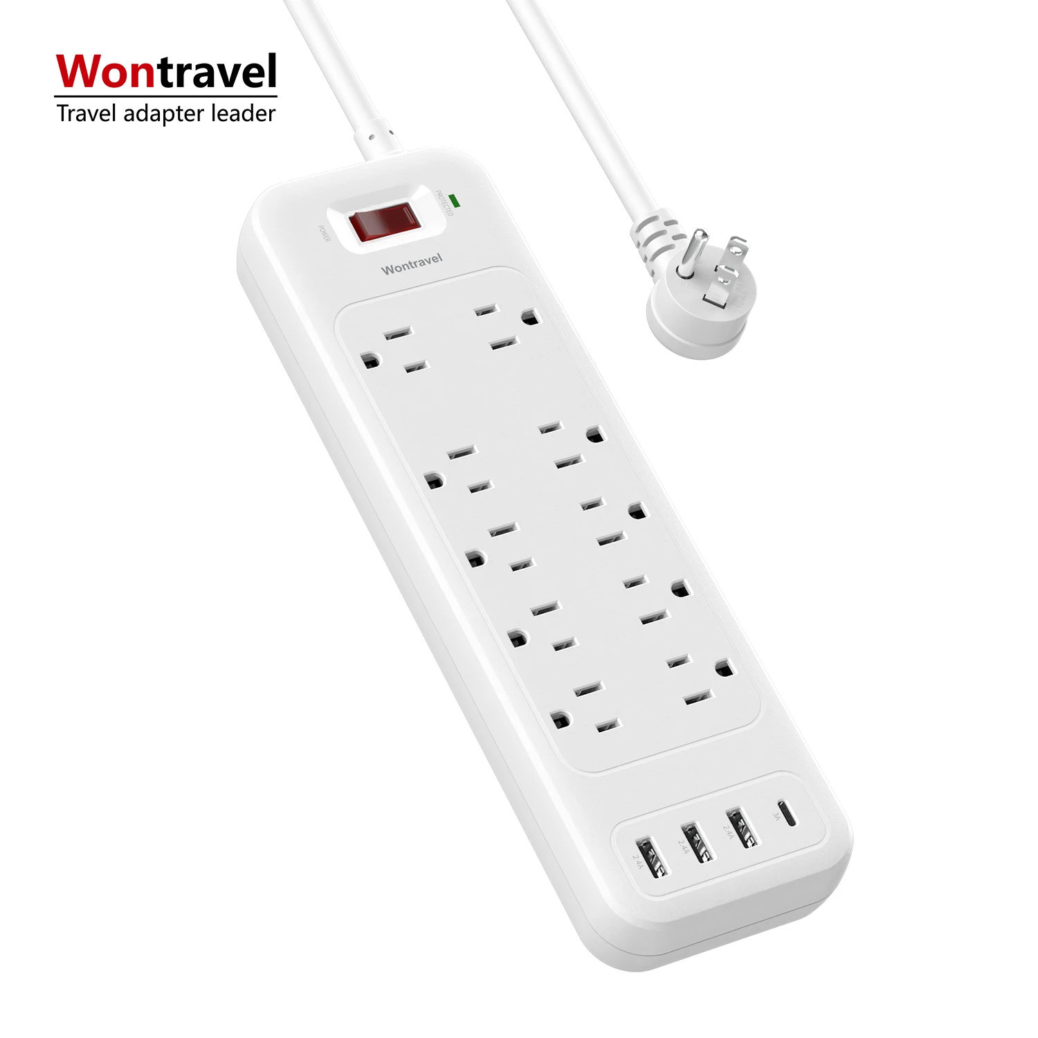 Wontravel Hot sell extention cord sockets 10 outlet surge protector power strip 3usb type c electrical extension board