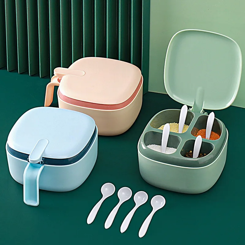 4 Tray Plastic Spic Jar Set Kitchen Seasoning Box Pot Condiments Container With Spoons