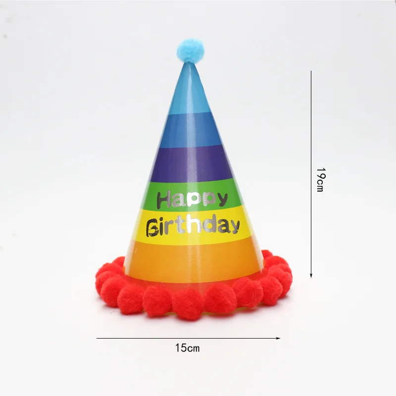 Factory Wholesale Printed Cheap Party Decoration Plain Paper Cone Hats With Pompom Happy Birthday Cap Set for Kids
