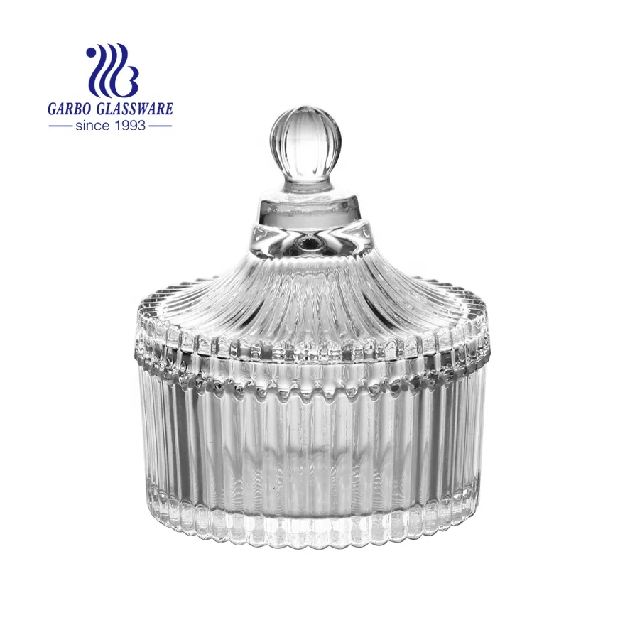Home Glassware Unique Designed Pedestal Engraved Big Round Clear Fancy Luxury Glass Wedding Candy Jar for Party