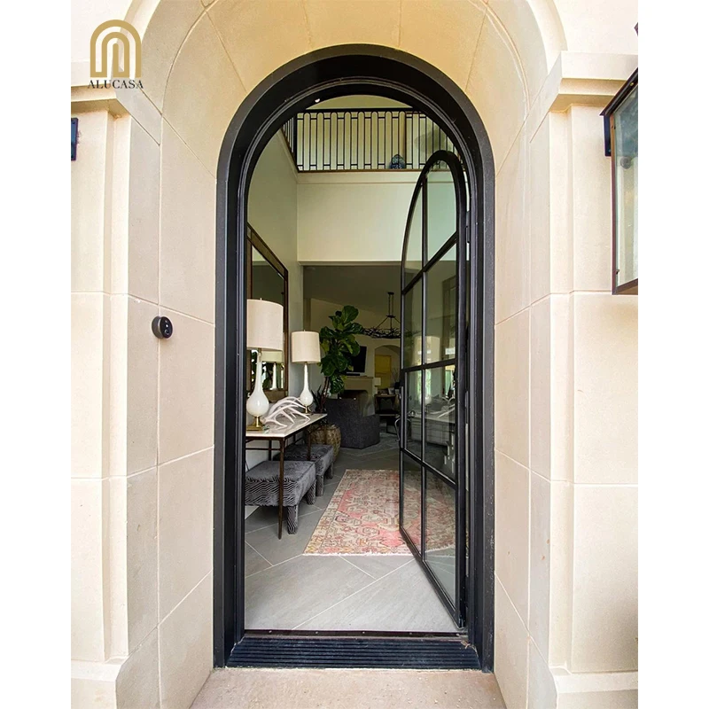 Alucasa Custom Simple Clean Line Modern Steel Arch Door Wrought Iron Metal Thermal Break Exterior Entry Single French Doors